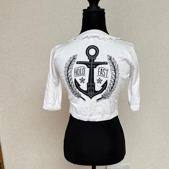 SWEATER WEATHER! Sourpuss Crop Cardigan with Star Embroidery and Anchor Design - Picture 2 of 3